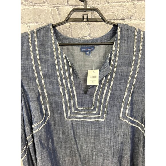 J. Jill Pure Jill Indigo 2X  Whipstitched Embroidered Dress Chambray Tencel Blue - Picture 6 of 11